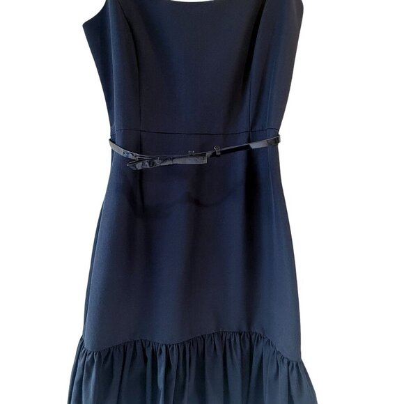 Kate Spade Size 4 Talitha Navy Blue Ruffle Hem Dress Slim Bow Belt Sleeveless - Picture 9 of 15